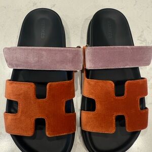 Hermes Chypre Velvet Sandals - Rich Orange and Soft Pink
